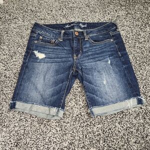 American Eagle Y2k 90s‎ Bermuda Darkwash Shorts, Low Rise Women Sz 6, 9" Inseam